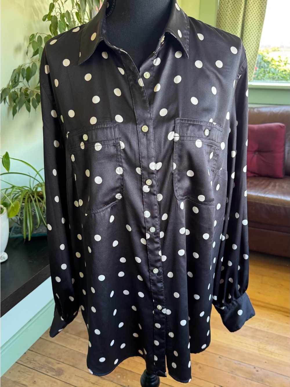 CHAPS-Black with White Polka Dot Button-Up Blouse